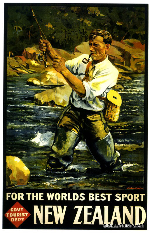 Original Vintage Travel Poster, New Zealand Fly Fishing, the World's Best  Sport at 1stDibs