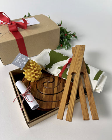 Christmas Gift Box, wood, native wood, salad servers, hot plate, Rimu, Made in New Zealand, Fantail House, NZ teatowel, Kiwiana teatowel, Koru trivet, beeswax candle, eco friendly gift, sustainable gift