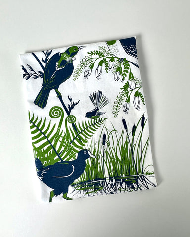 The fantail house, NZ, native, birds, tea, towel, printed in NZ