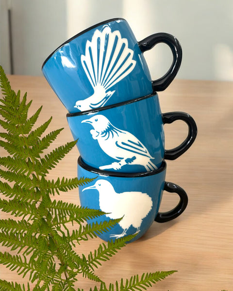 The Fantail House, Painted Pacific Pottery, Made in NZ, Mugs, Ceramic Native Birds, Fantail, Tui, Keruru