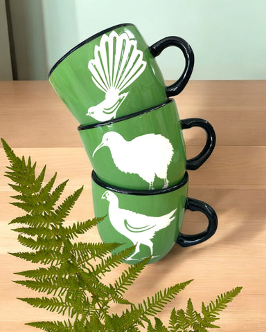 NZ bird mugs, Colour, Green, Kiwi, Fantail, Pukeko, Painted Pacific Pottery, Made in NZ, Coffee Cup, Tea Cup, The Fantail House