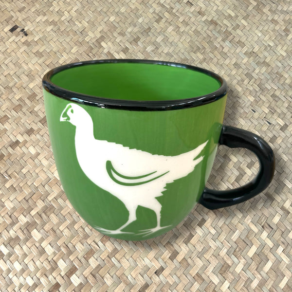 NZ bird mugs, Colour, Green, Kiwi, Fantail, Pukeko, Painted Pacific Pottery, Made in NZ, Coffee Cup, Tea Cup, The Fantail House