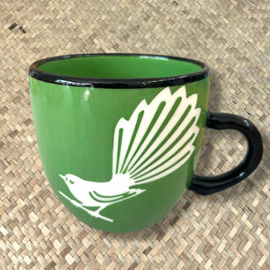 NZ bird mugs, Colour, Green, Kiwi, Fantail, Pukeko, Painted Pacific Pottery, Made in NZ, Coffee Cup, Tea Cup, The Fantail House