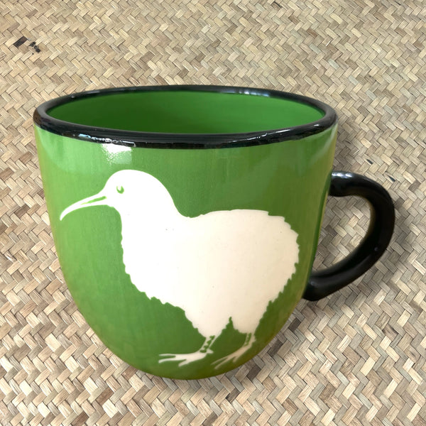 NZ bird mugs, Colour, Green, Kiwi, Fantail, Pukeko, Painted Pacific Pottery, Made in NZ, Coffee Cup, Tea Cup, The Fantail House