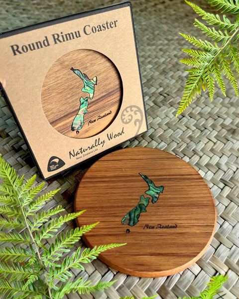 Naturally Wood, Made in NZ, NZ made, The Fantail House, NZ Paua, Paua, Map of New Zealand, Rimu, Coaster, native timber, wood, 