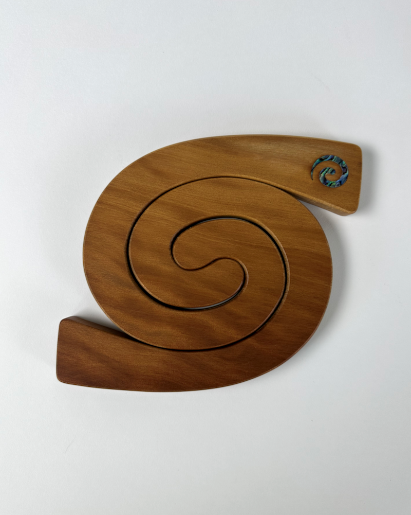 The Fantail House, Romeyn, Made in NZ, Kauri, Table, Mat, Paua, Shell, Koru design