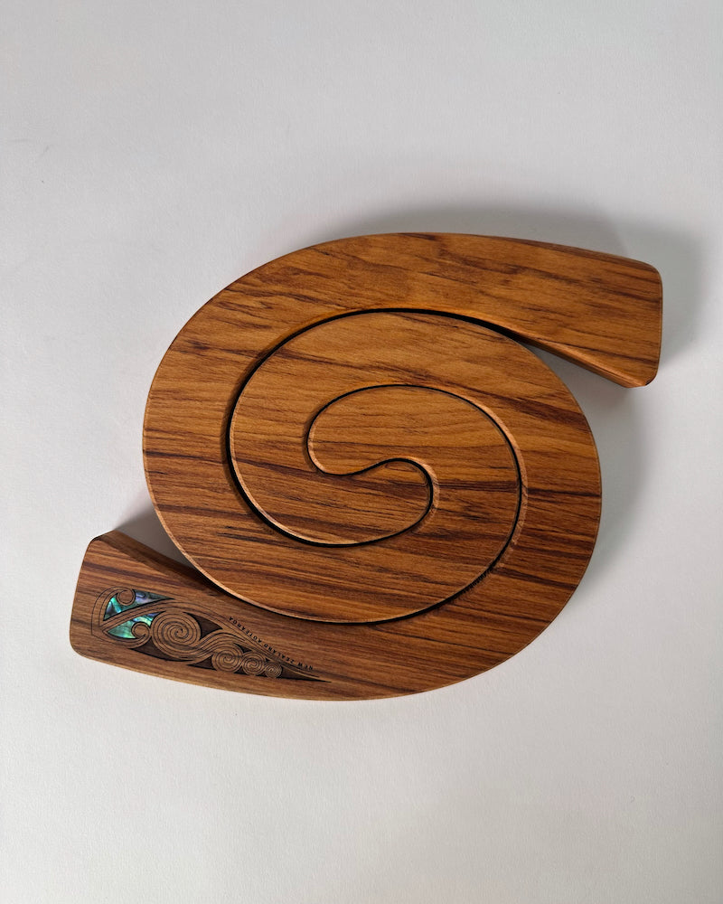 The Fantail House, Romeyn, Made in NZ, Rimu, Table, Mat, Paua, Shell, Koru design, Maori , Heritage